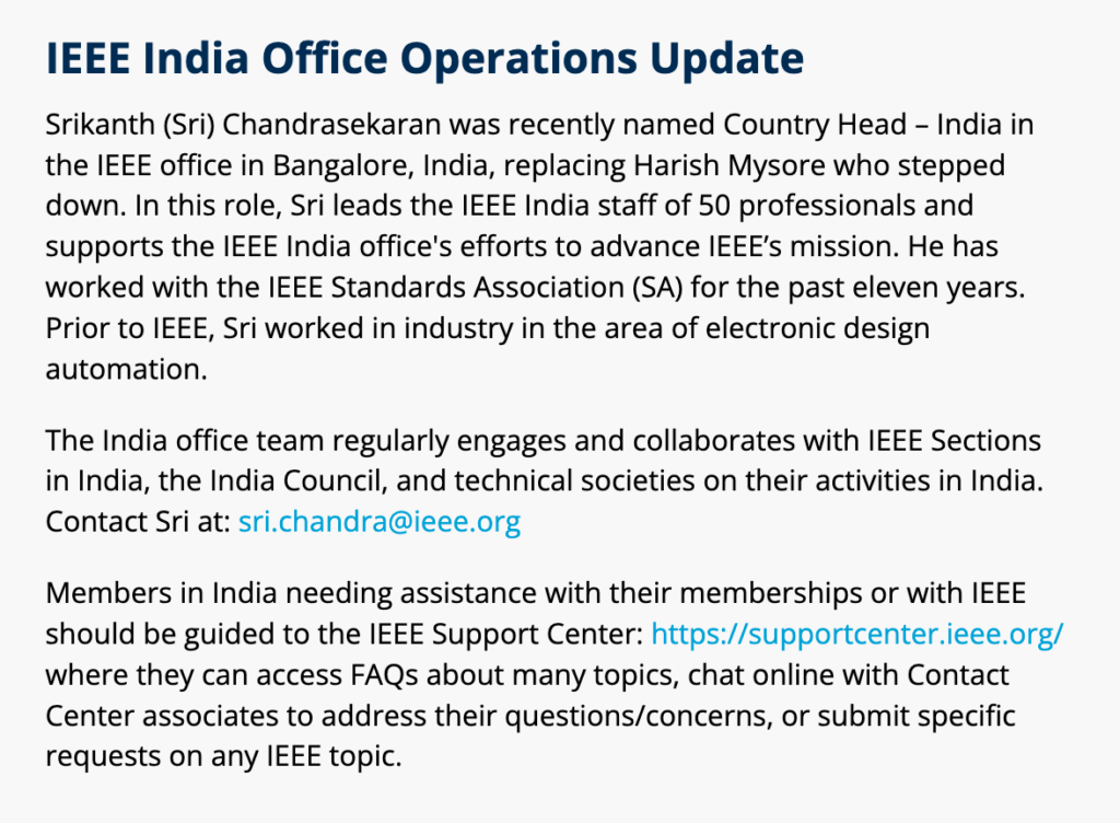 Screenshot of news article announcing Sri Chandra appointed IEEE India Head